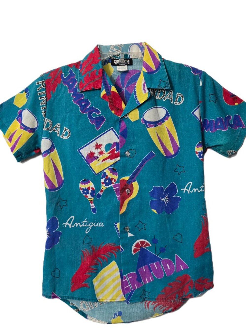 Vintage Tropical Button Front Shirt M 10 12 Boy Caribbean Island Drum Beach Teal